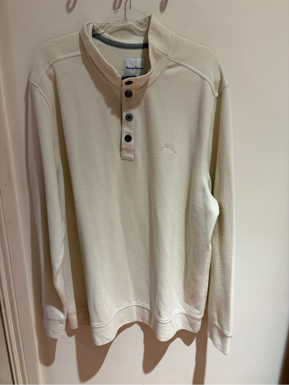 Tommy Bahama Cream Ribbed Henley with Gray Collar Trim